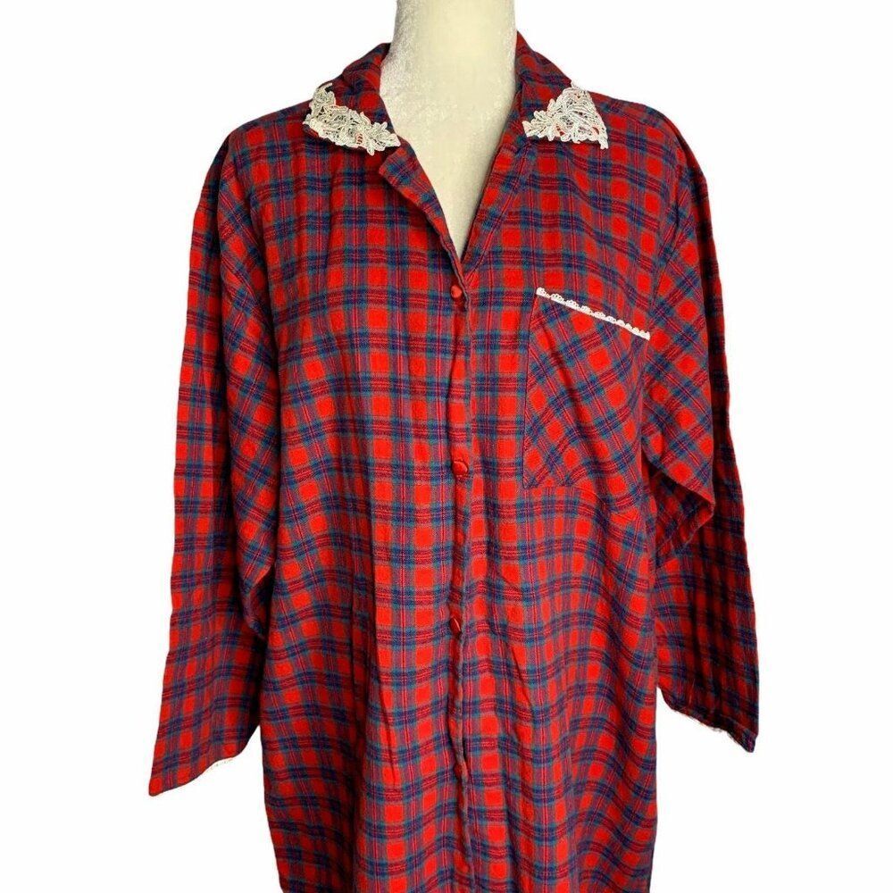 Vintage Cotton Flannel Nightgown L Red Plaid Lace Button Down Sleep Shirt Modest